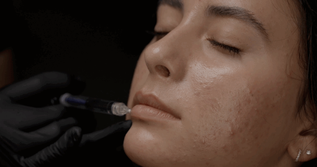 A close-up of a provider using filler for lip injections. The lip injections cost near Minneapolis focuses on a treatment-based pricing model at Honey Aesthetics.