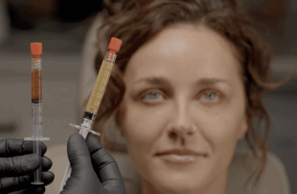 A provider holds 2 vials of PRF liquid and gel in front of a patient's face. Honey Aesthetics uses PRF as collagen induction therapy near St. Paul.